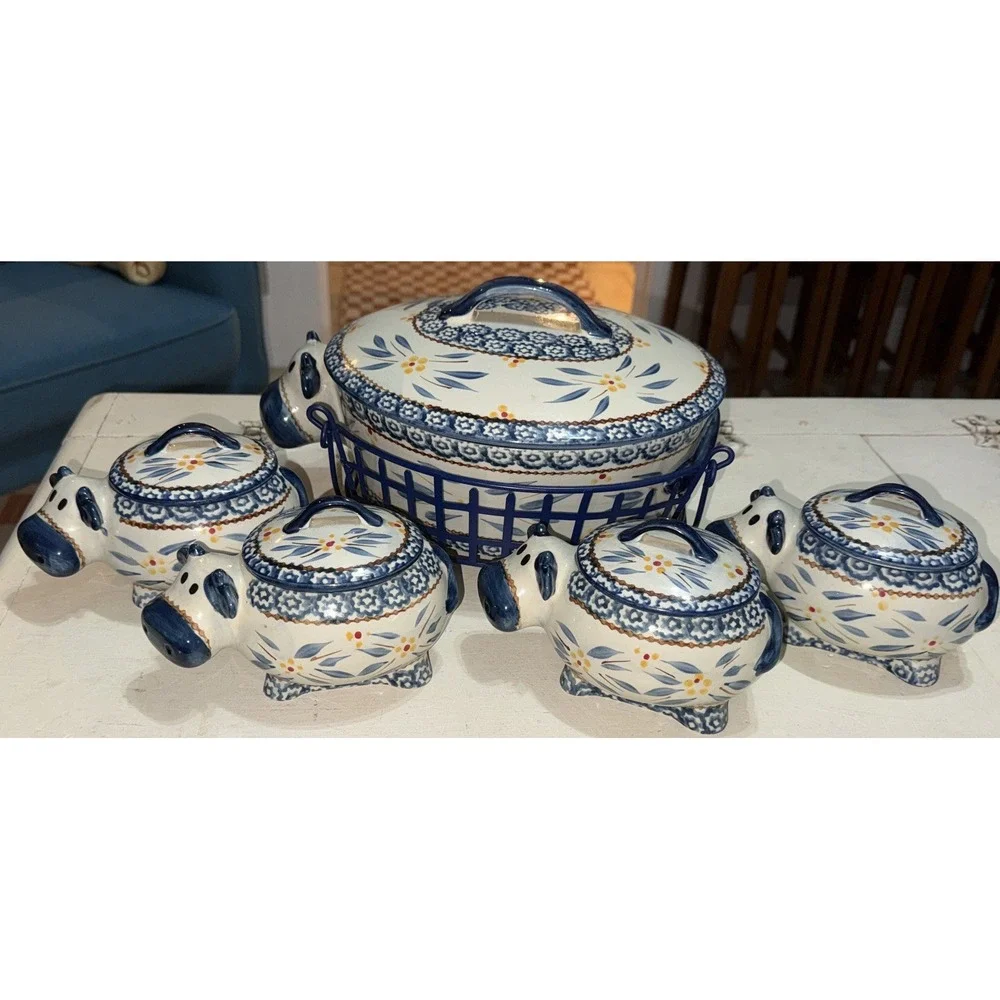 Temptations Ovenware Old World Blue Cow 2.5 qt Casserole & (4) 16 oz Ramekin Set